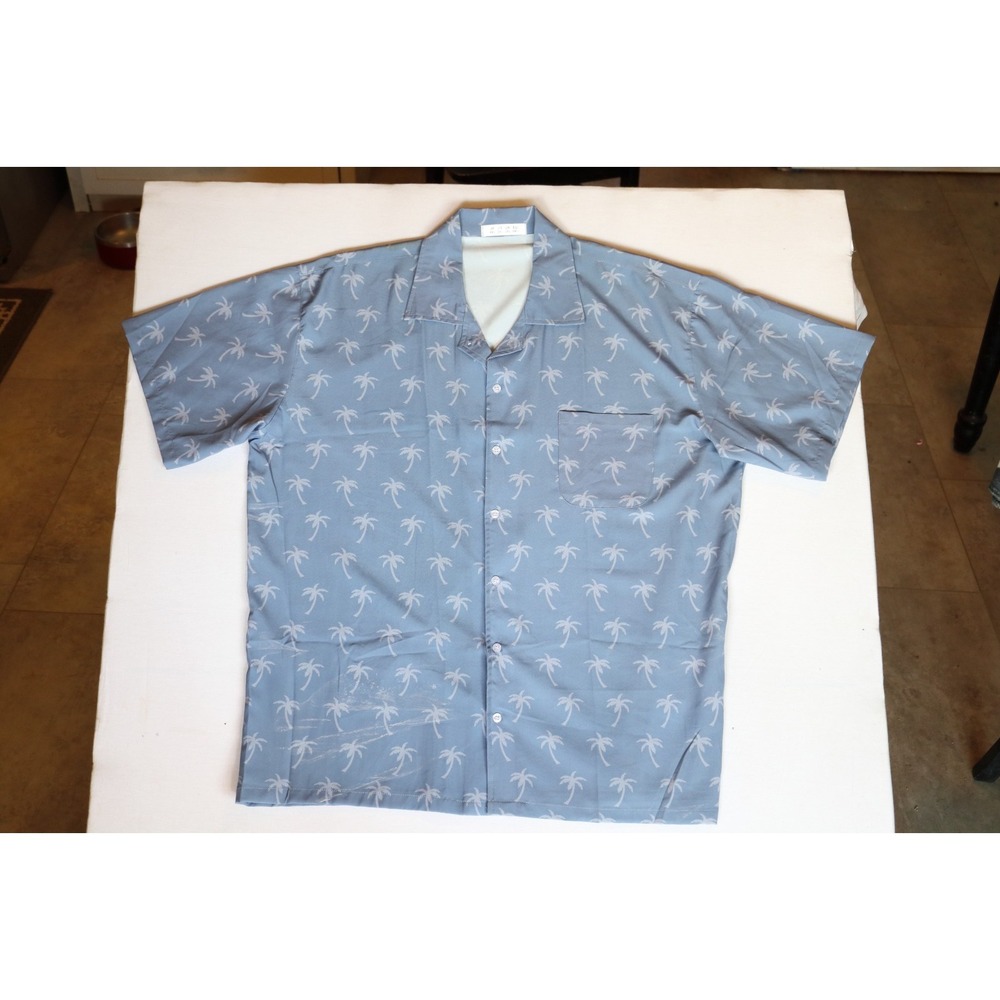 Mens 2XL Palm Tree Print | Short Sleeve Button Up Camp Shirt | Blue Gray